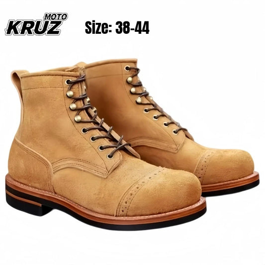 Men's Beige Faux Suede Vintage Short Shaft Boots, Round Toe Non-slip Lace-up Ankle Boots for Motorcycle RidingOutdoor Botas Moto