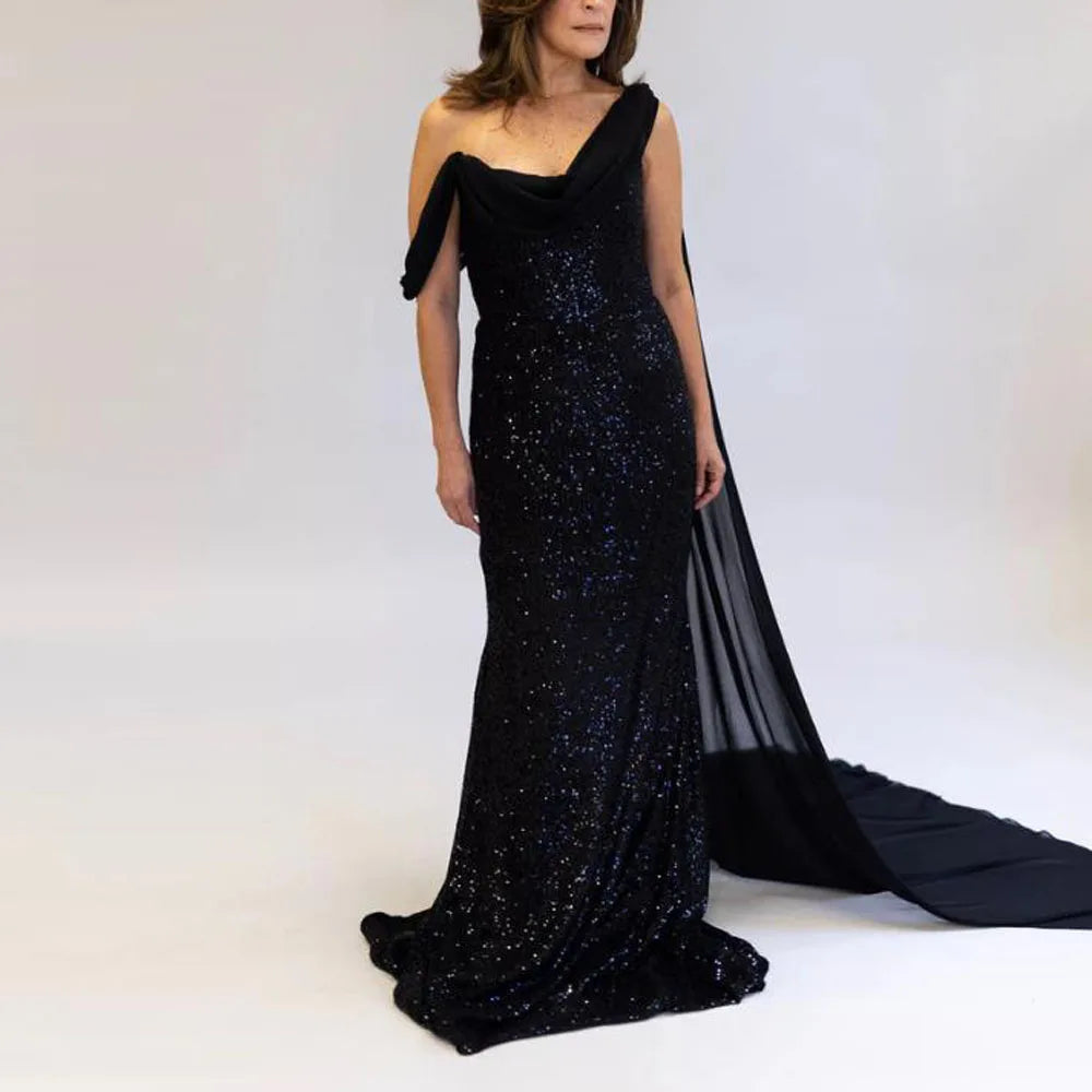 Customized Cap Sleeve Sequin Evening Dresses One Shoulder Mermaid Mother of the Bride Gown Chiffon Train Formal Gown