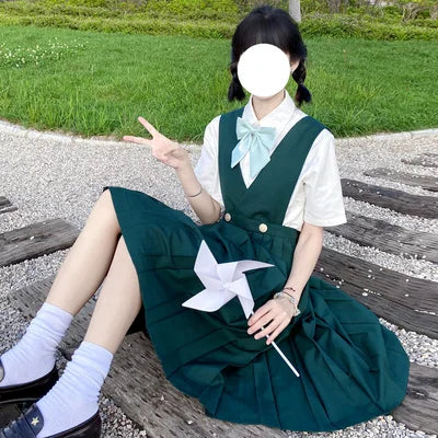 Japanese Korean Class High School Student Girl Long Pinafore Pleated Dress  JK Uniform Cosplay Seifuku Schoolgirl Sundress