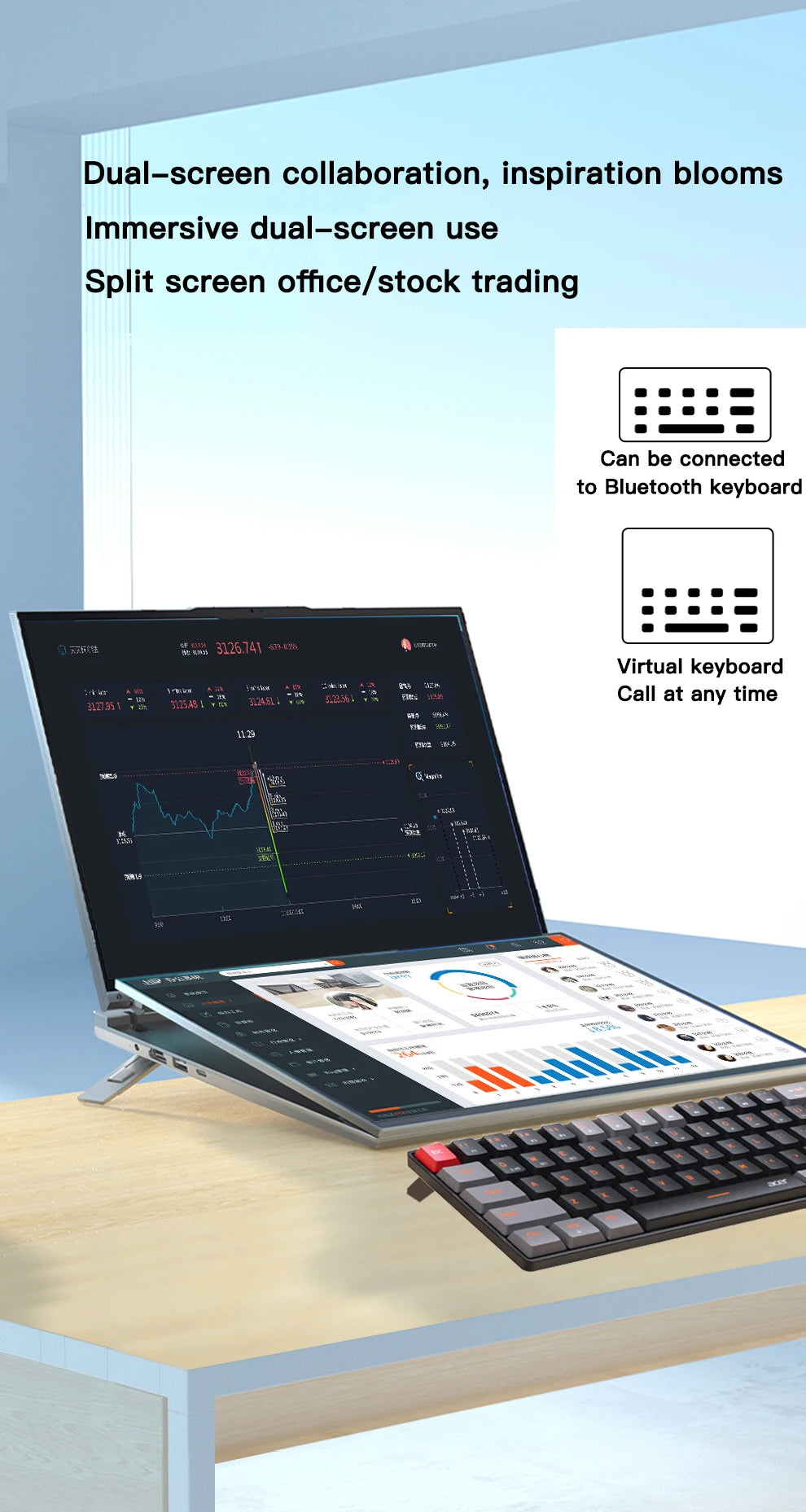 GLF-S1 Laptop 16+16 Inch Big Dual Screen Intel I3-1215U Laptop Computers Camera Windows 11 DDR4 M.2 2280 2TB WIFI Dual Notebook