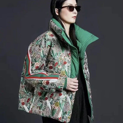 2026 Winter European Fashion Brand Color Splicing Printed High-End Down Jacket Female Thick White Duck Down Short Women's Coat