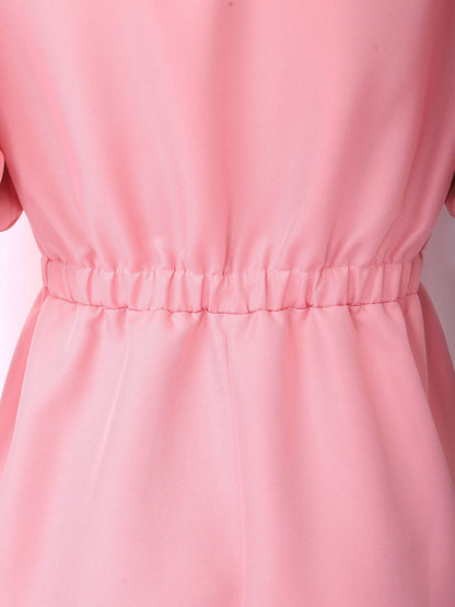 Fashion Women Short Puff Sleeve Romper Lapel Front Button Elastic Waist Shorts Jumpsuit for Office Vacation Casual Clothing
