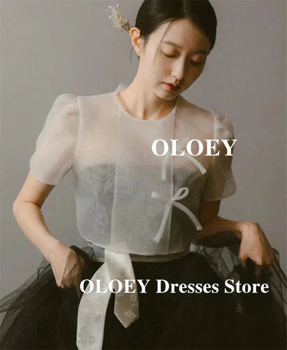 OLOEY Vintage 2 pcs Black And White Wedding Dresses Korea Photo shoot Hanbok Soft Tulle Bride Gowns Customized Formal Occasion