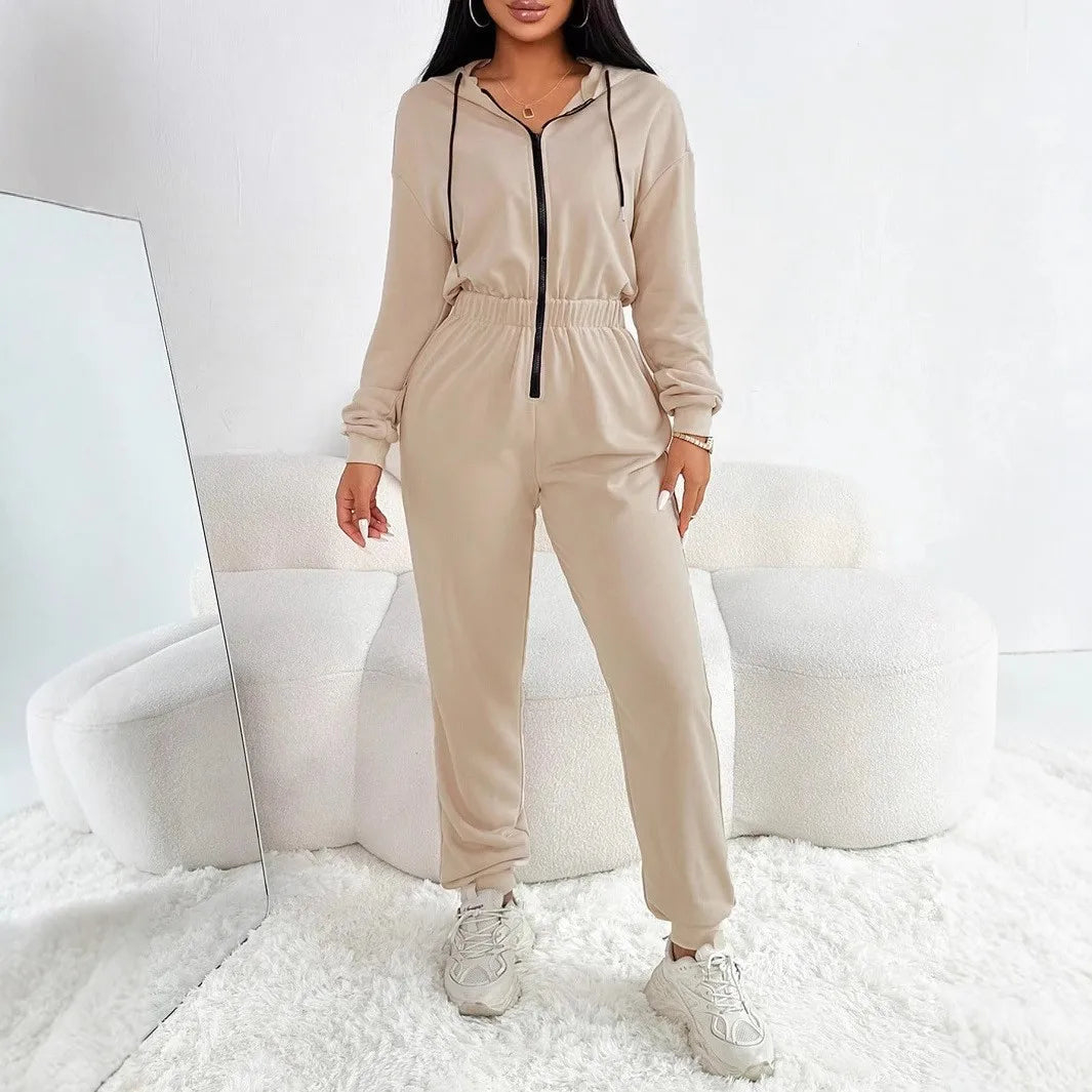 2024 Autumn And Winter New Women's Fashion Solid Color Drawstring Zipper Hooded Jumpsuit Casual Matching