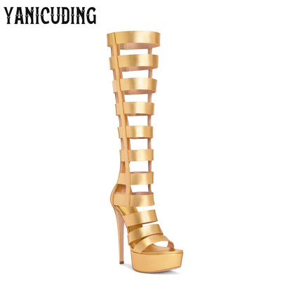 Strappy Gladiator Sandal Boots Metallic Gold Below the Knee Stiletto Boots Fashion Sexy Style Back Zipper Platform Women's Boots