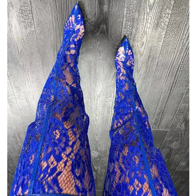 Spring Women Lace With PVC Thigh High Boots Sexy Pointed Toe Stiletto High Heels Transparent Over The Knee Boots Bigger Size 44