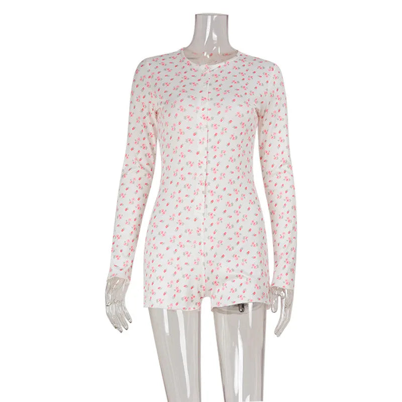 Women's Clothing Long Sleeve Floral Printed Jumpsuit Sexy Slim Home Wear Pajamas Fashion Round Simple Style Comfortable Trendy
