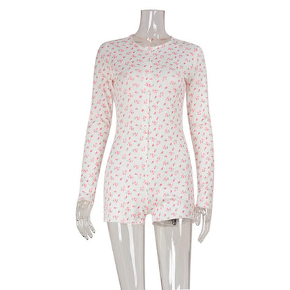 Women's Clothing Long Sleeve Floral Printed Jumpsuit Sexy Slim Home Wear Pajamas Fashion Round Simple Style Comfortable Trendy