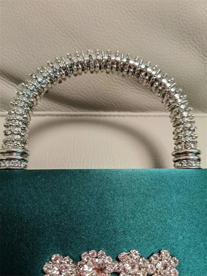 Rhinestone Faux Silk Emerald Evening Bag Silver Diamond Buckle Handle Fashion Handbags Elegant Ladies Square Bolsa Feminina