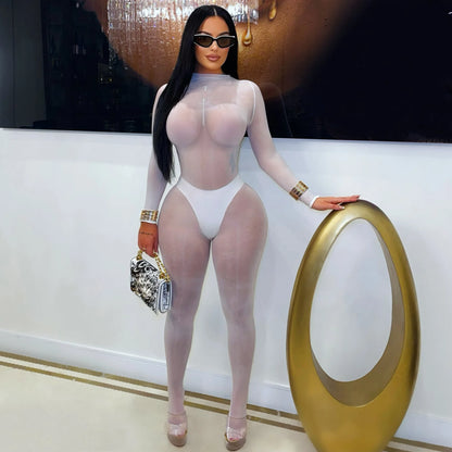 Women Sexy See Through Silky Glossy High Stretchy Seamless Skinny Jumpsuit O-neck Long Sleeve Tight Stockings Overalls pantyhose