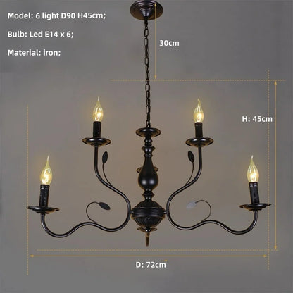 American Retro Cafe Pendant Light Dining Room Black Metal Ceiling Chandelier Industrial Candle E14 Chandelier Lighting