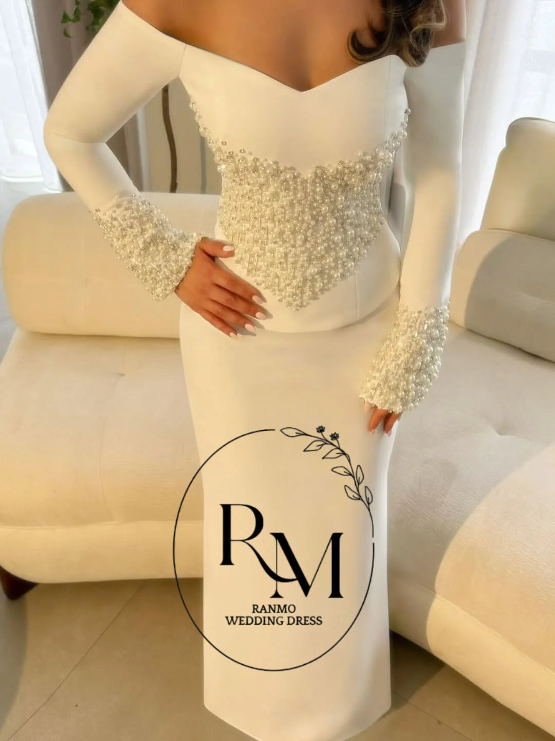 Ranmo Luxury Beading Pearls Evening Dress Customized Full Sleeve  Sweetheart Mermaid Formal Party Dress Off Shoulder Prom Gown