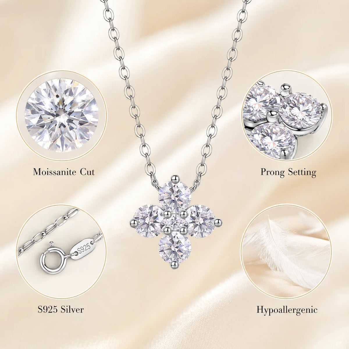 LongZhe Moissanite Necklace for Women 0.3CT 4mm Round Cut S925 Sterling Silver Flower Pendant Clavicle Chain Jewelry Gift