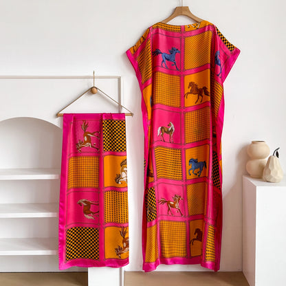 Elegant Printed Silk Muslim Lady Kaftan Dress Summer New Fashion African Long Hijab Kuwait Abaya Oversize for Women 2026