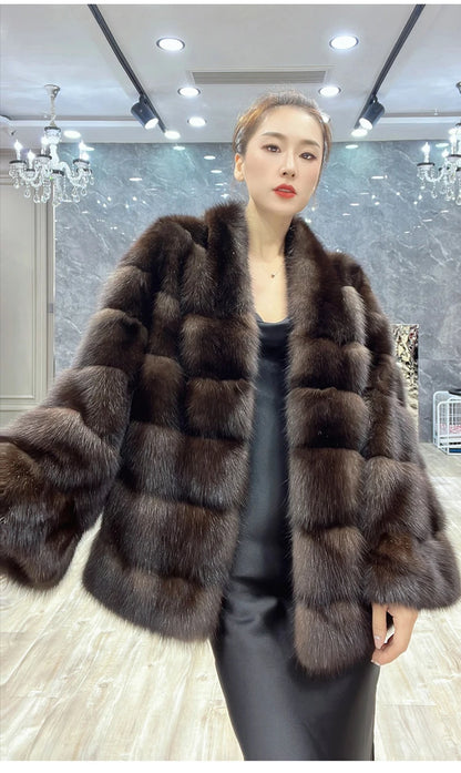 Lautaro Autumn Winter Elegant Luxury Chic Thick Warm Striped Hairy Faux Sable Fur Coat Women V Neck High Quality Fluffy Jacket