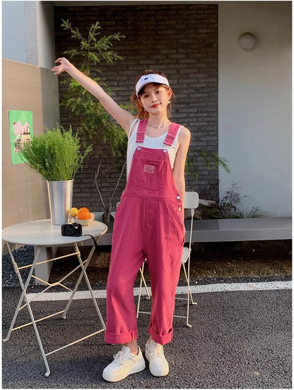 Vintage Pink Denim Overalls Adjustable Strap Wide Leg Jumpsuit Y2K Cute Campus Casual Pants