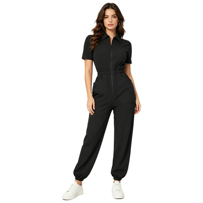 Womens Scrubs Jumpsuit Soft Stretch Medical Scrub Set with Pockets Front Zipper Elastic Waist Jogger Pants Nurse Doctor Workwear