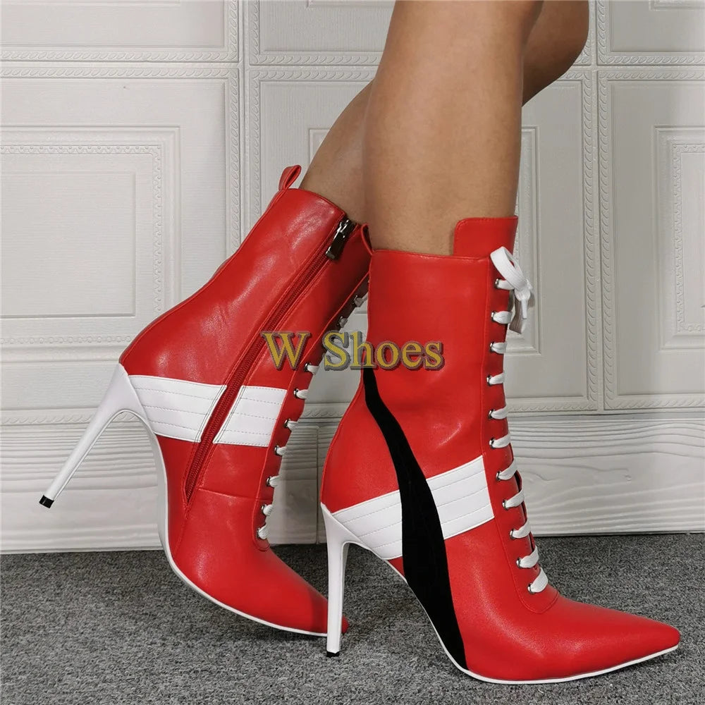 Red Pointed Toe Lace Up Sports Ankle Boots Woman Winter 2026 Color Blocking Side Zipper Stiletto Women's Boots Plus Size