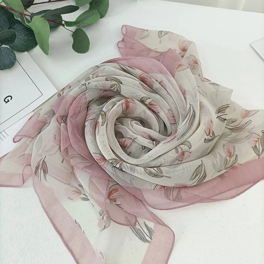 Magnolia Flower Print Women Elegant Chiffon Georgette Bandana Scarf Summer Beach Sunscreen Thin Hijab Headband Shawl