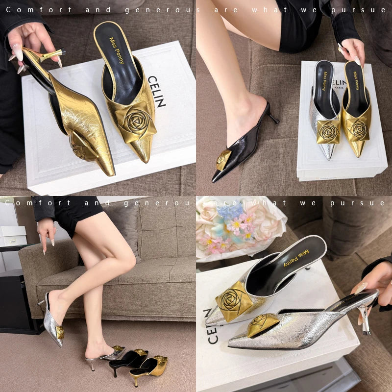 Women High Heels Slippers Summer New Luxury Fashion Gold Flower Decoration Modren Sandals Ladies Pointed Toe Mules Shoes Slides