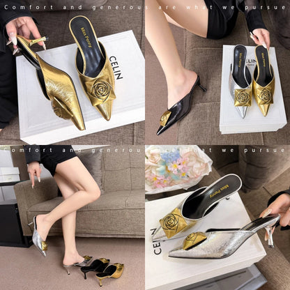 Women High Heels Slippers Summer New Luxury Fashion Gold Flower Decoration Modren Sandals Ladies Pointed Toe Mules Shoes Slides