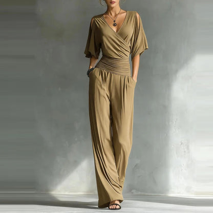 Summer Women's High Waist Party Rompers Elegant Simple Half Sleeve Playsuits Overalls Solid Color V-neck Loose Pocket Jumpsuits