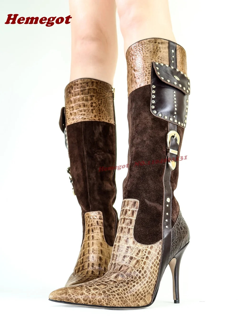 Croc-Pattern Patchwork Knee High Boots Rivet Pocket Stiletto Heels Women's Long Boots Buckled Splicing Casual Shoes 2026 New