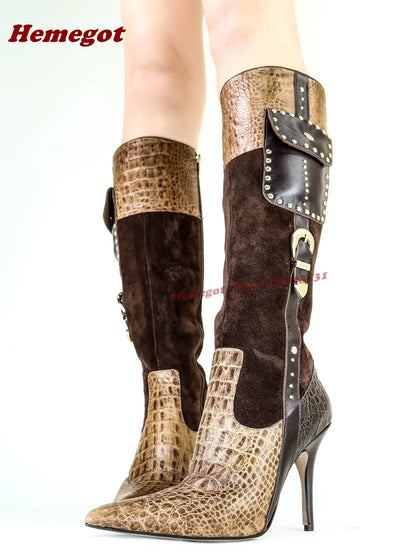 Croc-Pattern Patchwork Knee High Boots Rivet Pocket Stiletto Heels Women's Long Boots Buckled Splicing Casual Shoes 2026 New