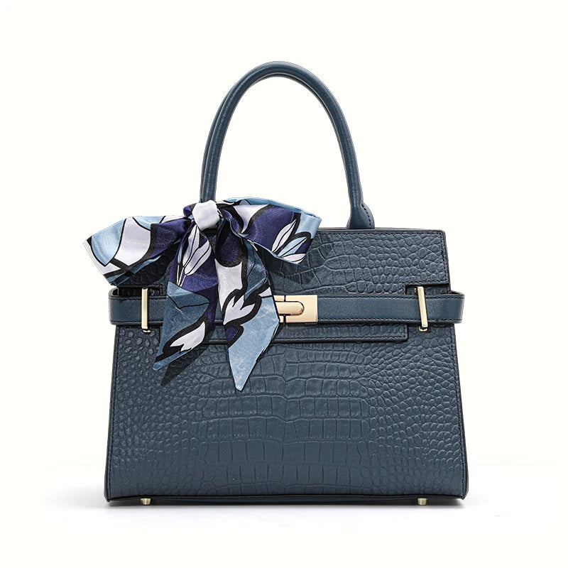 Genuine Leather Cowhide Women's HandbagConvertible for Crossbody & Shoulder Carry, with Silk Scarf, Crocodile Pattern Tote Bag