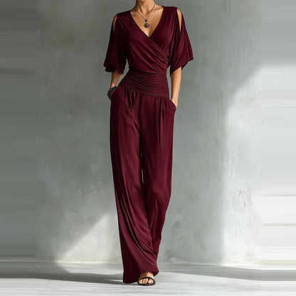 Summer Women's High Waist Party Rompers Elegant Simple Half Sleeve Playsuits Overalls Solid Color V-neck Loose Pocket Jumpsuits