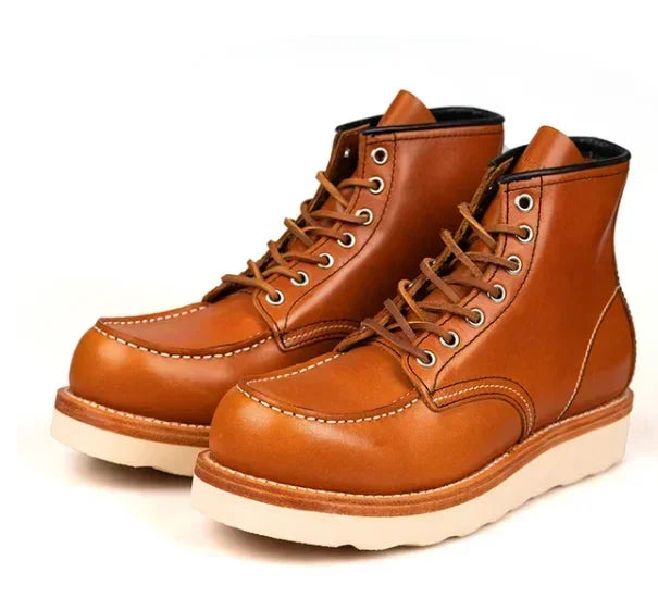 Men's Goodyear-Welted Vintage Genuine Leather Mid-calf Motorcycle Boots Round toe Casual Punk Dress Boots Work Shoes Western Red