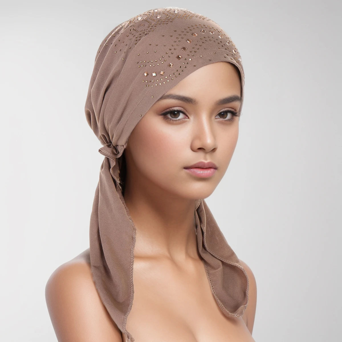 Fashion Diamond Women's Hijab Solid Color Muslim Ladies Turban Bonnet Soft Elastic Long Tail Head Wrap Head Scarf Indian Hats