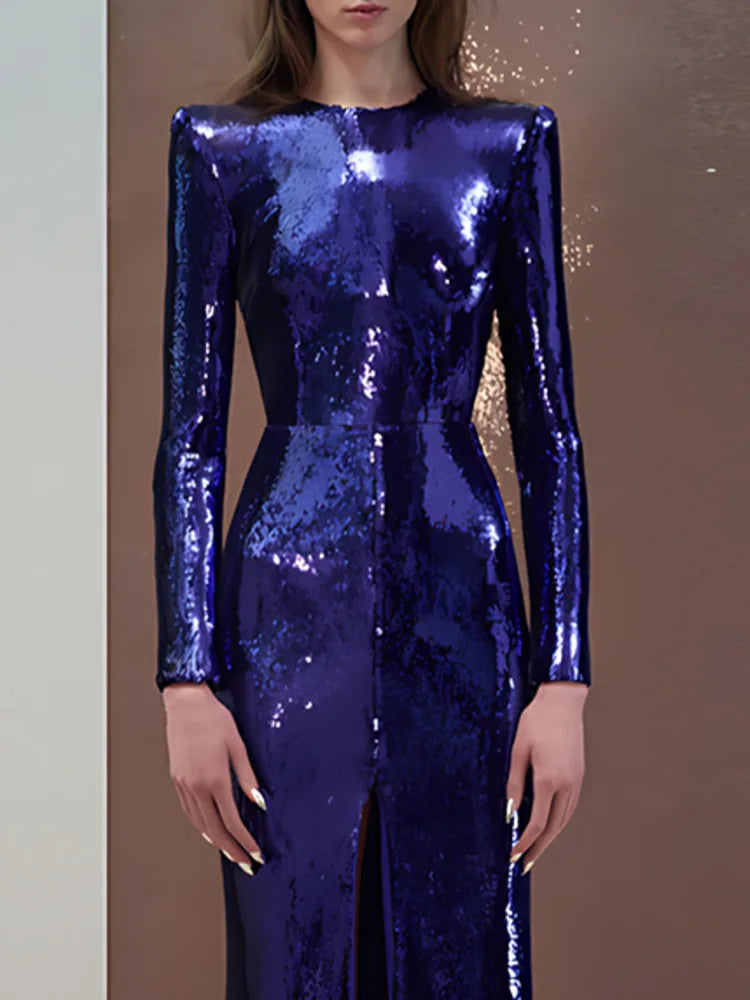 Eshin Women's Blue Sequin Long Sleeve Maxi Dress Elegant Formal Gown Floor Length Sparkly Evening Party Chic Style SA457