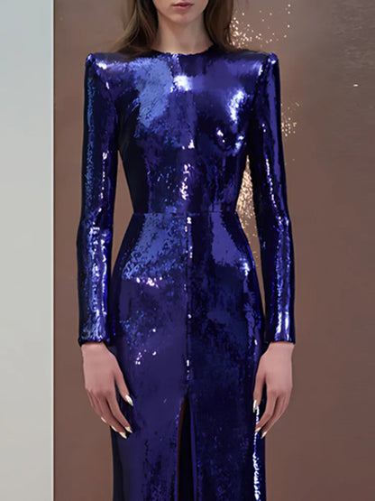 Eshin Women's Blue Sequin Long Sleeve Maxi Dress Elegant Formal Gown Floor Length Sparkly Evening Party Chic Style SA457