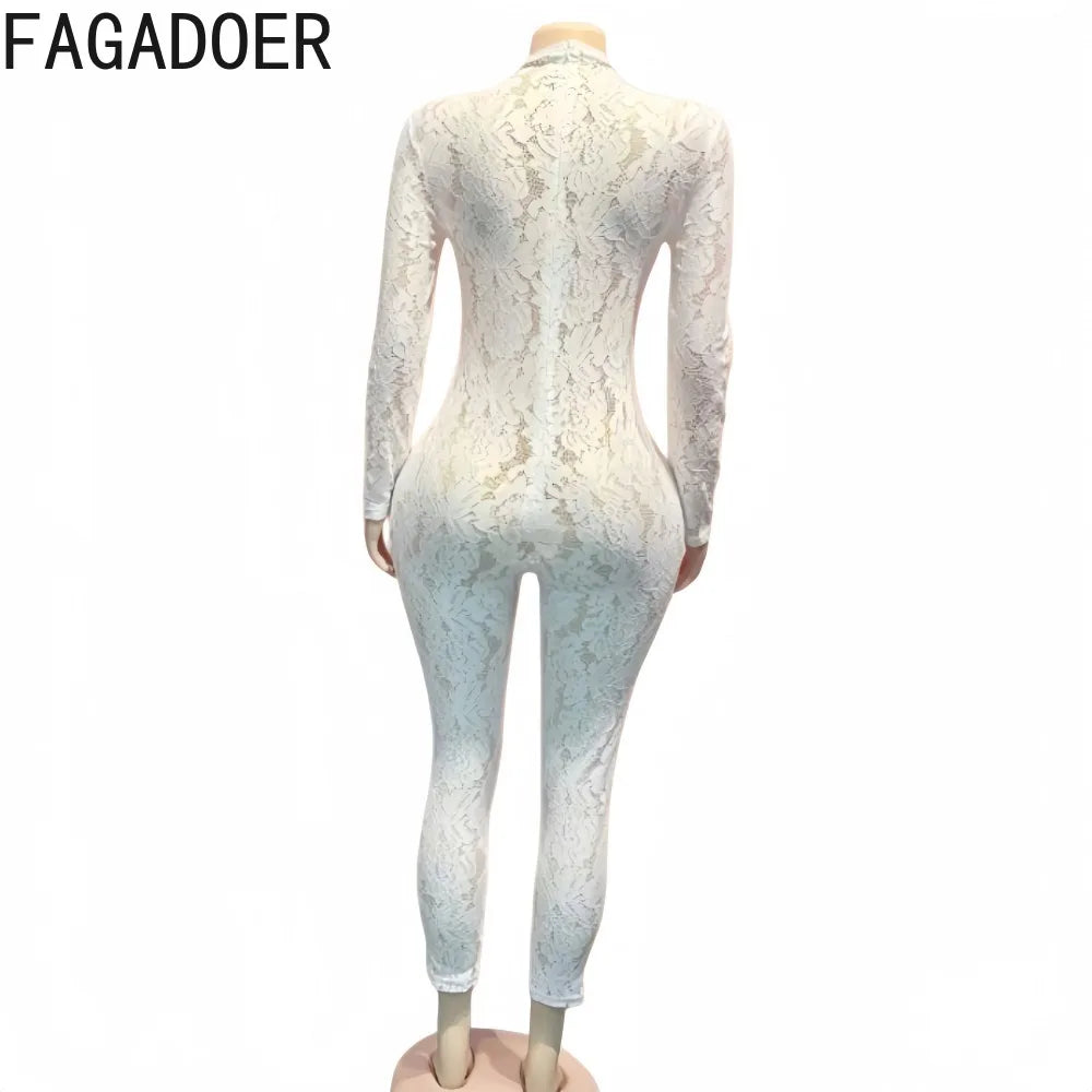FAGADOER Fashion Floral Lace Bodycon Jumpsuits 2026 Women Sexy White See Through Long Sleeves Rompers Night Party Club Playsuits
