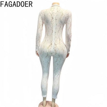 FAGADOER Fashion Floral Lace Bodycon Jumpsuits 2026 Women Sexy White See Through Long Sleeves Rompers Night Party Club Playsuits