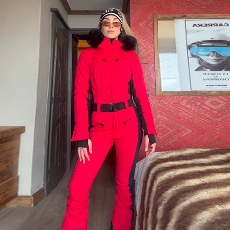 Chic Faux Fur Patchwork Women's Ski Jumpsuit High Wait Belt Zippers Pocket Lady Ski Wear 2025 Winter Spring Female Romper