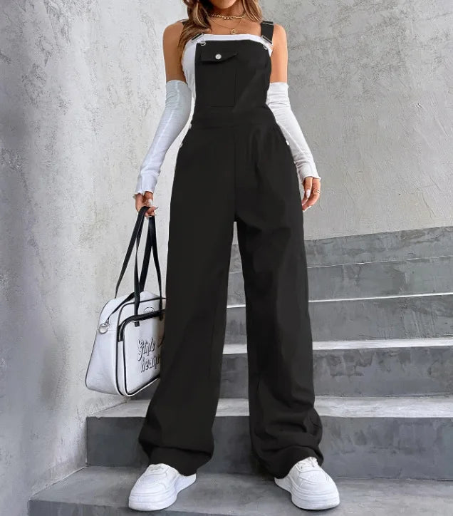Women's Casual Bib Overalls Adjustable Shoulder Strap Pocket Wide Leg Jumpsuit Loose Straight Women Streetwear Suspender Pants