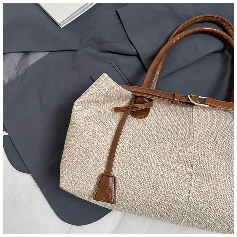 CLAREGQI  Women's Large Capacity Canvas Tote Bag, Leather Handle Shoulder Underarm Bag, Versatile Casual Commuter & Travel Handb
