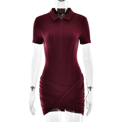 Sibybo Polo Collar Zipper Women Jumpsuits Set Short Sleeve High Elastic Rompers Ruched Bodycon Skirt Spring Casual Matching Sets