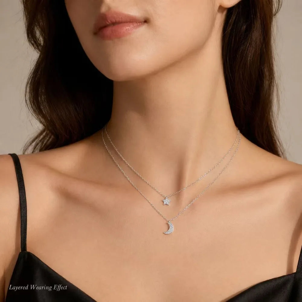 S925 Sterling Silver Moissanite Star Moon Layered Necklace Double Chain Crescent Pendant White Gold Color Gift for Women
