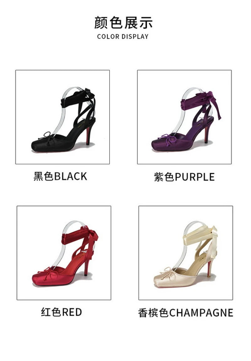 French Ballet Style Satin Closed Toe Mary Jane Pumps Lace Upper Multi-Layer Bow Cross Ankle Strap Thin Stiletto Elegant Wedding