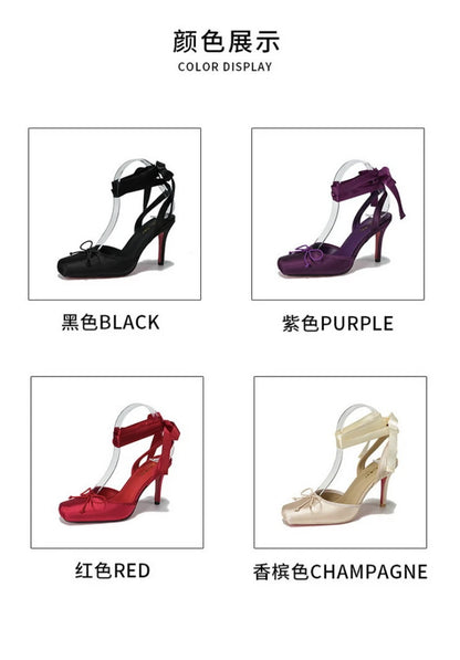 French Ballet Style Satin Closed Toe Mary Jane Pumps Lace Upper Multi-Layer Bow Cross Ankle Strap Thin Stiletto Elegant Wedding