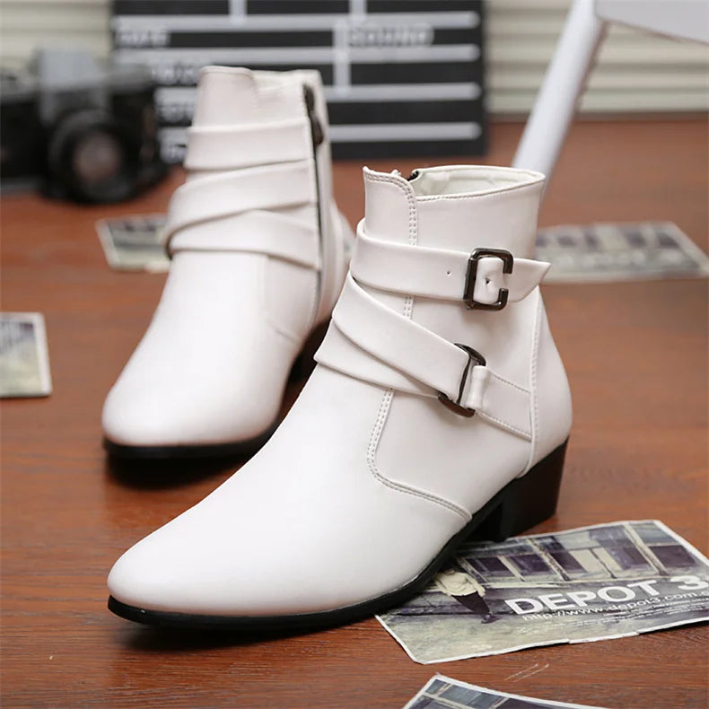 Leather Chelsea Boots Men Designer 2024 White Dress Boots Men Casual High top Buckle Strap Formal Shoes Men Motorcycle Boots