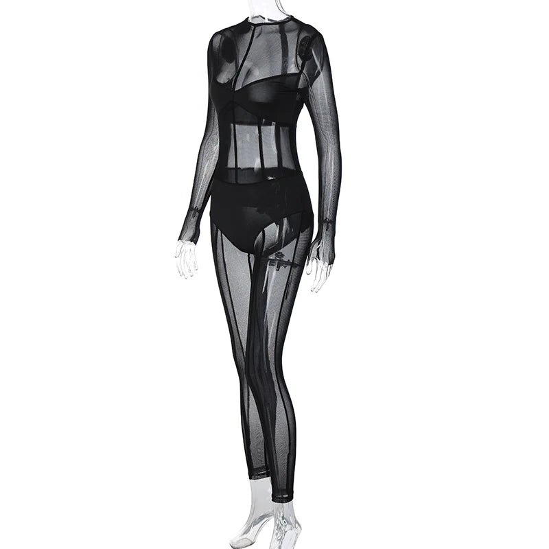 Hugcitar Mesh Long Sleeve Black Zip Up See Through Sheer Sexy Bodycon Jumpsuit 2025 Summer Women Romper Beach Festival Club Y2K