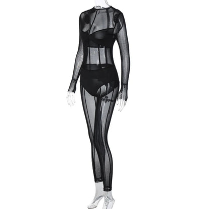 Hugcitar Mesh Long Sleeve Black Zip Up See Through Sheer Sexy Bodycon Jumpsuit 2025 Summer Women Romper Beach Festival Club Y2K