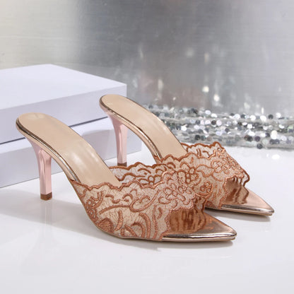 Woman Sandals Luxury Lace Crochet Mule Slippers Woman Brand Point Toe High Heel Sandals Ladies Elegant Party Stiletto Shoes