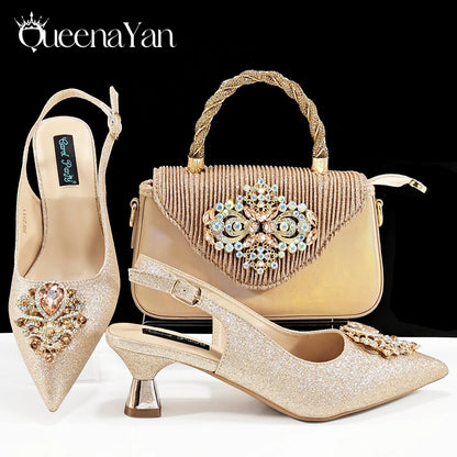 Hot Selling Elegant Noble Colorful Rhinestone Design White Color Party Wedding Pointed Toe High Heel Women Shoes and Bag Set