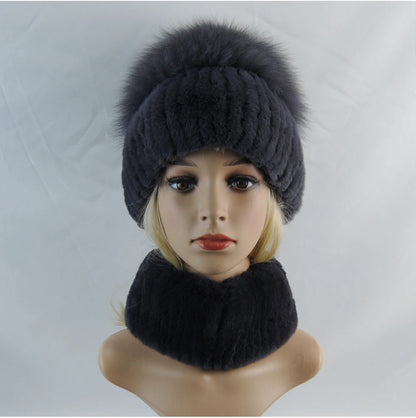 New Winter Lady Brand Hand Make Real Genuine Fox Fur Hat Scarf Girls Natural Real Rex Rabbit Fur Ring Cap Real Fur Scarves Hats