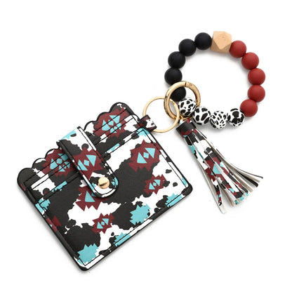 Bull Silicone Beads Bracelet Pu Leather Purse Leopard Print Tassel Cow Wallet Keychain Silicone Beaded ID Card Holder Keychain